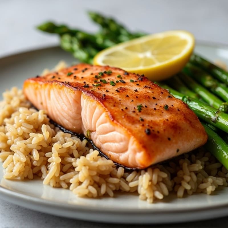Seared Salmon with Steamed Asparagus and Brown Rice