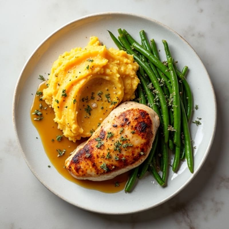 Herb-Roasted Chicken with Creamy Sweet Mashed Potatoes and Sautéed Green Beans