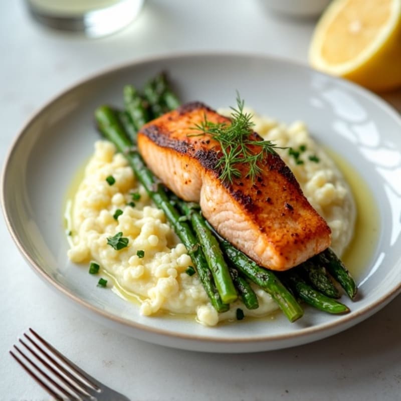 Seared Salmon with Steamed Asparagus and Cauliflower Mash