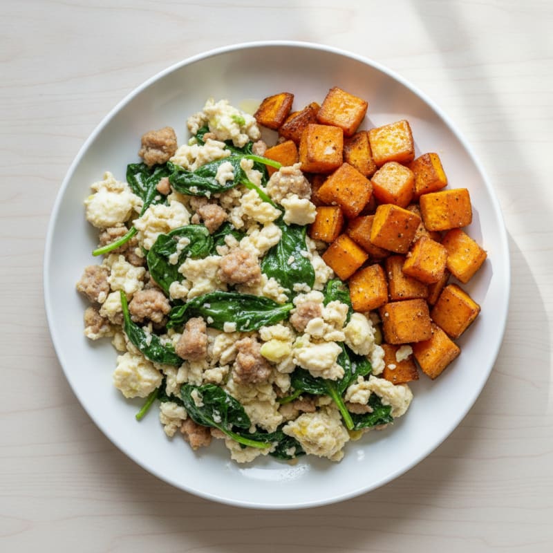 Egg White and Turkey Sausage Scramble with Spinach and Roasted Sweet Potato
