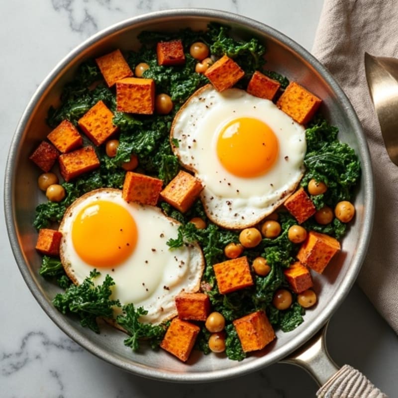 Sheet Pan Roasted Eggs with Crispy Sweet Potatoes and Greens