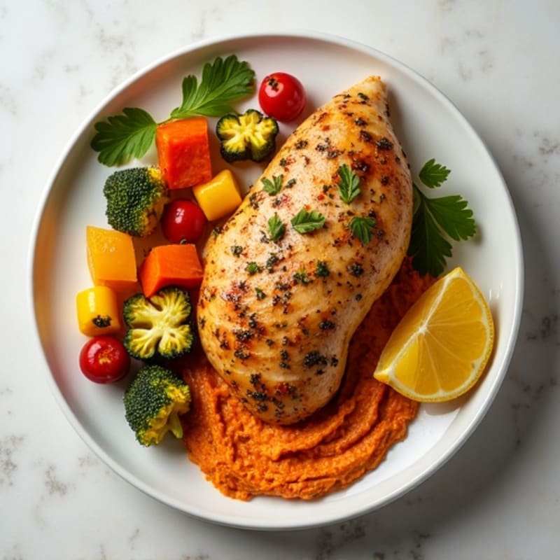 Lemon-Herb Roasted Chicken with Roasted Vegetables and Creamy Roasted Red Pepper Hummus