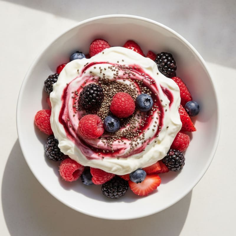 Greek Yogurt Protein Parfait with Mixed Berries and Chia Seeds