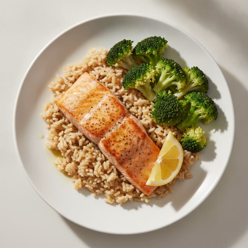 Seared Salmon with Steamed Broccoli and Brown Rice