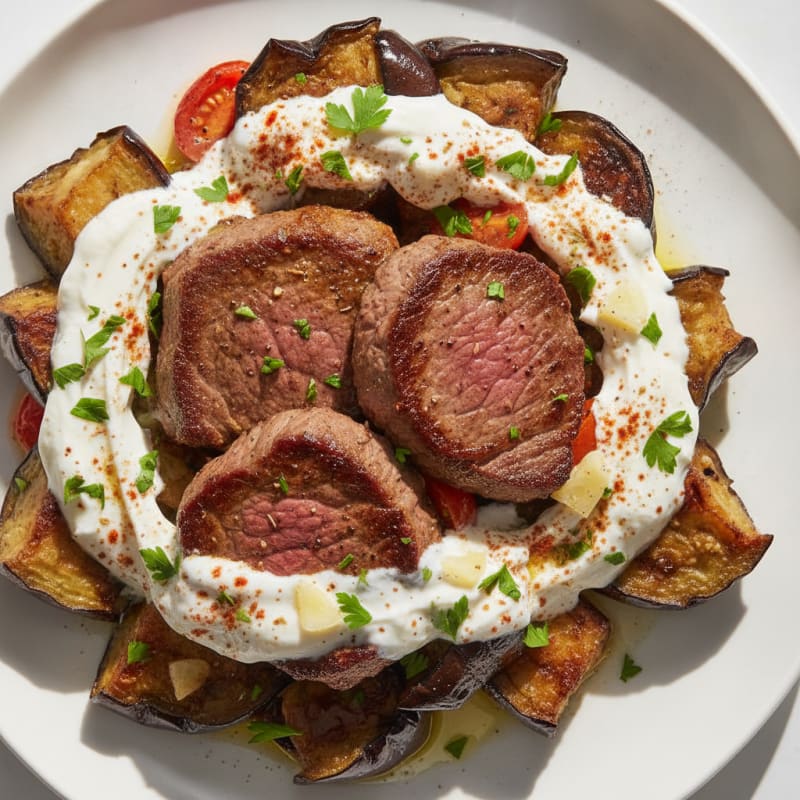 Seared Beef and Roasted Eggplant with Garlic Yogurt Sauce