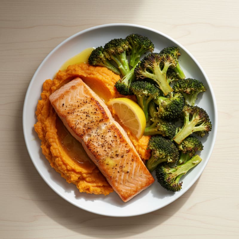 Seared Salmon with Roasted Broccoli and Sweet Potato Mash