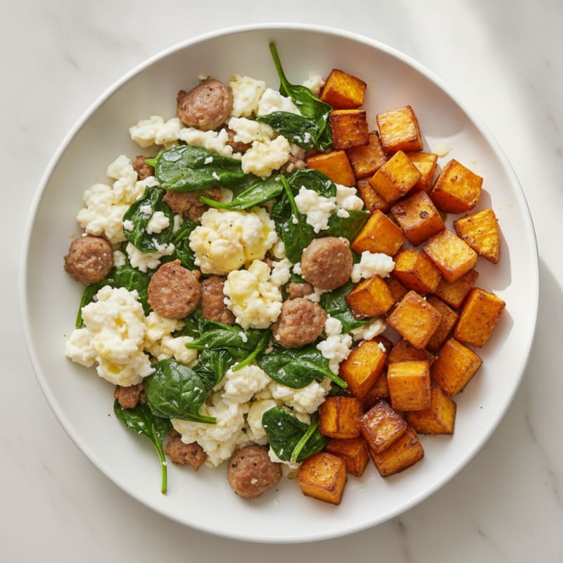 Egg White and Turkey Sausage Scramble with Spinach and Roasted Sweet Potato
