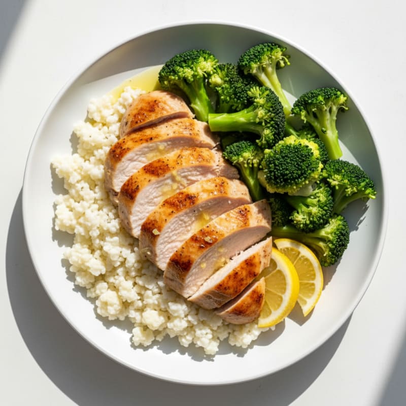 Seared Turkey Breast with Steamed Broccoli and Cauliflower Rice