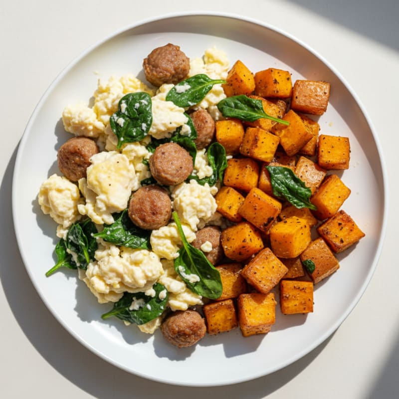 Egg White and Turkey Sausage Scramble with Spinach and Roasted Sweet Potatoes