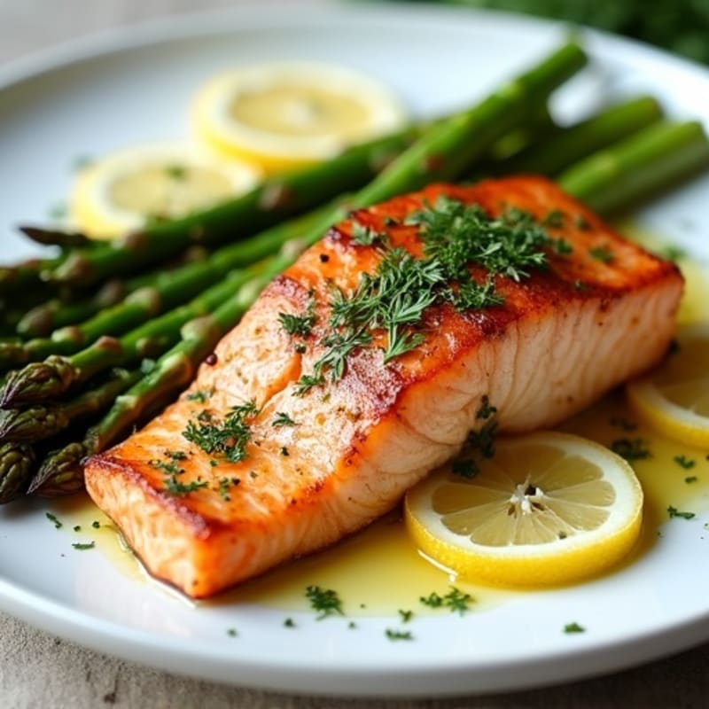 Flaky Baked Salmon with Roasted Asparagus and Lemon-Herb Dressing