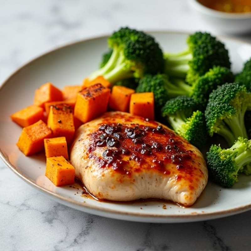 Date-Glazed Chicken with Roasted Sweet Potatoes and Crispy Broccoli