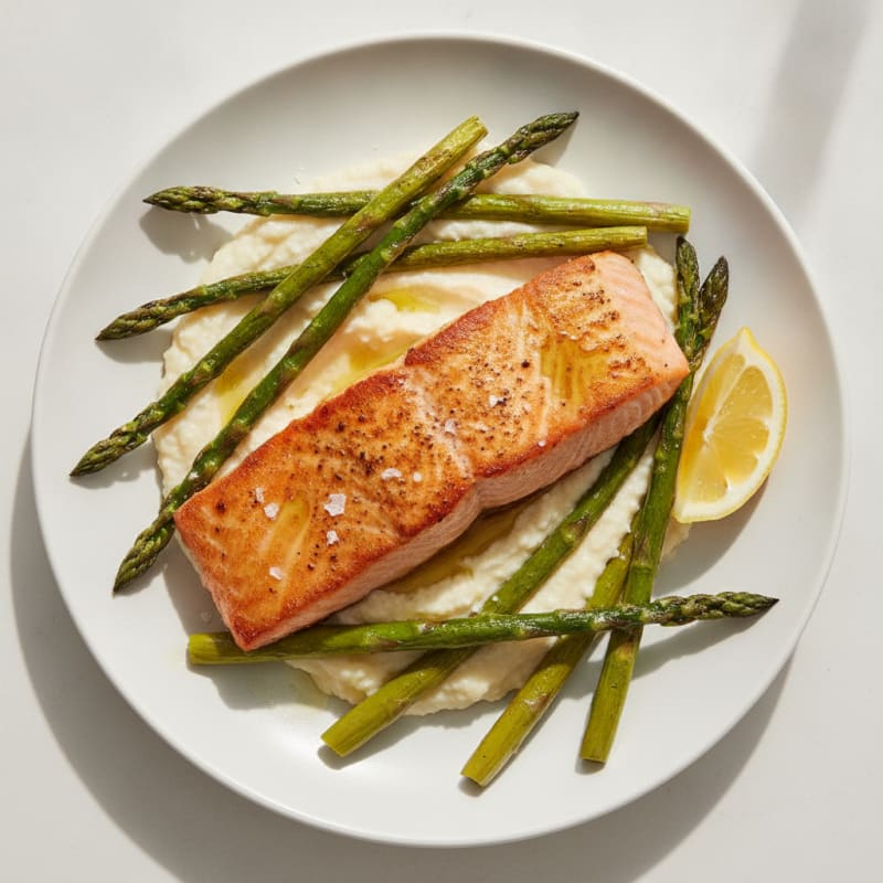 Seared Salmon Fillet with Roasted Asparagus and Cauliflower Mash