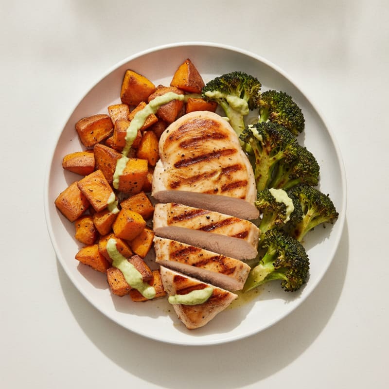 Grilled Chicken with Roasted Sweet Potato and Broccoli