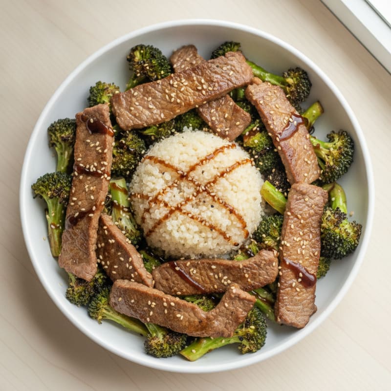 Crispy Beef Strips with Roasted Broccoli and Quinoa