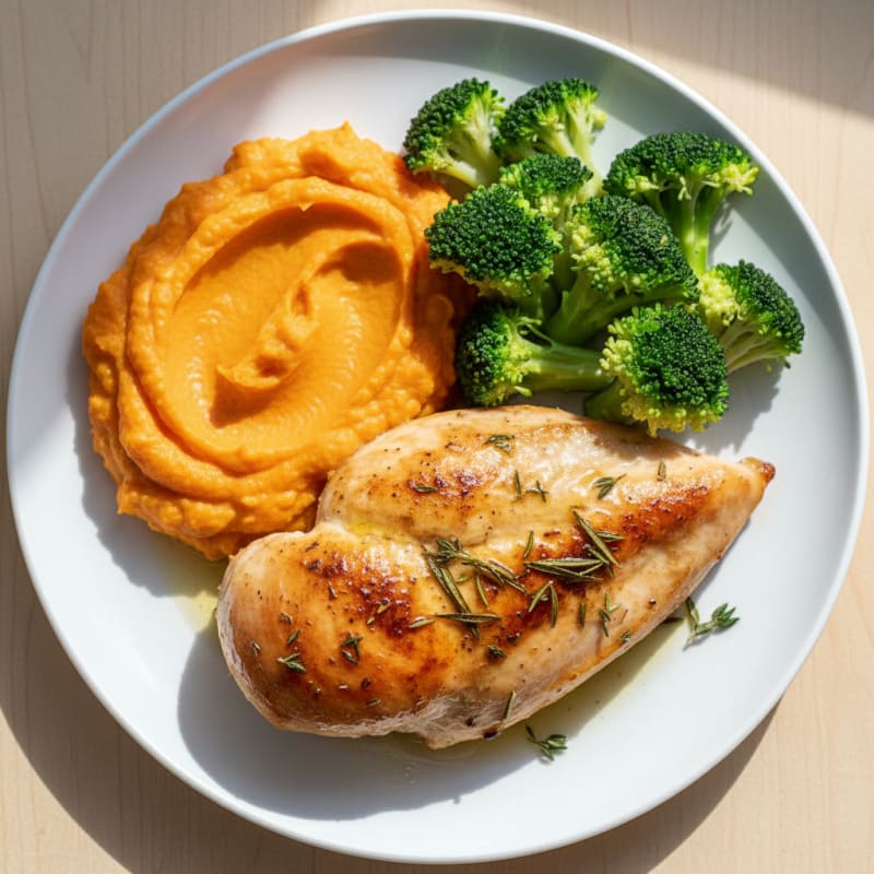 Herb-Roasted Chicken Breast with Steamed Broccoli and Sweet Potato Mash
