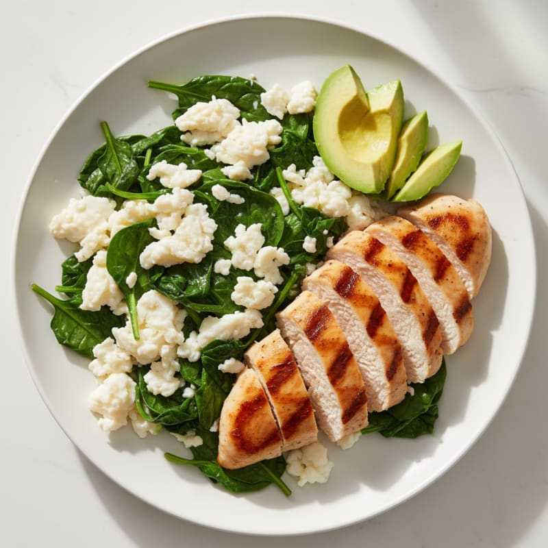 Scrambled Egg Whites with Sautéed Spinach and Grilled Chicken Breast