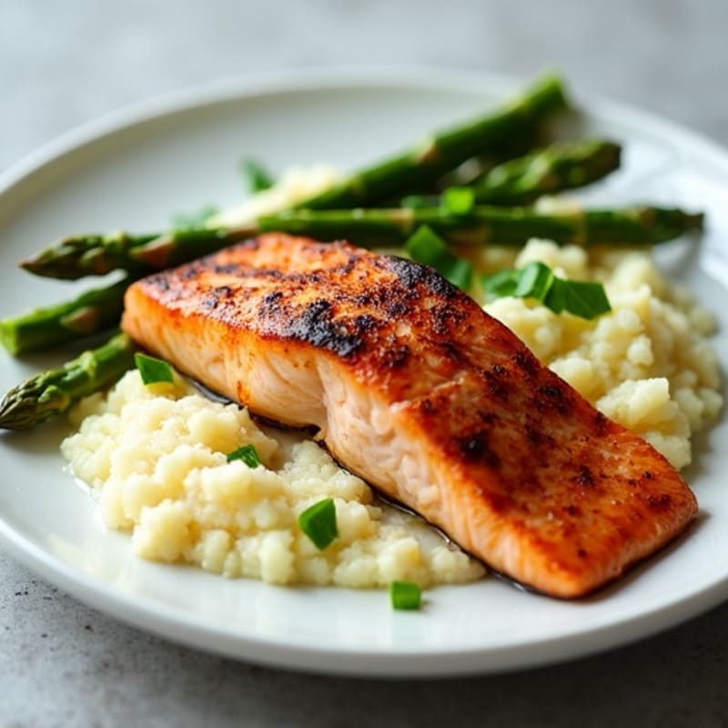 Seared Salmon with Steamed Asparagus and Cauliflower Mash