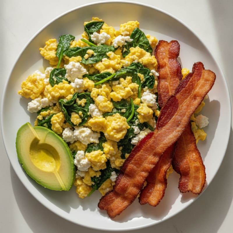 Cottage Cheese Egg Scramble with Spinach and Turkey Bacon