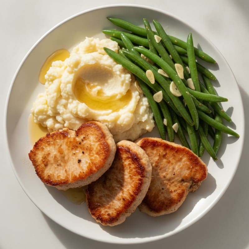 Seared Turkey Cutlets with Steamed Green Beans and Cauliflower Mash