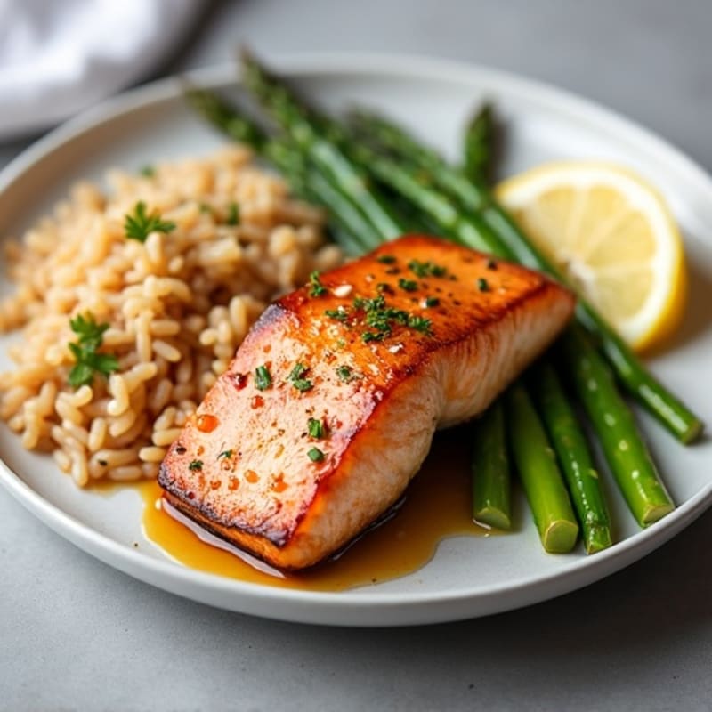 Pan-Seared Salmon with Steamed Asparagus and Brown Rice