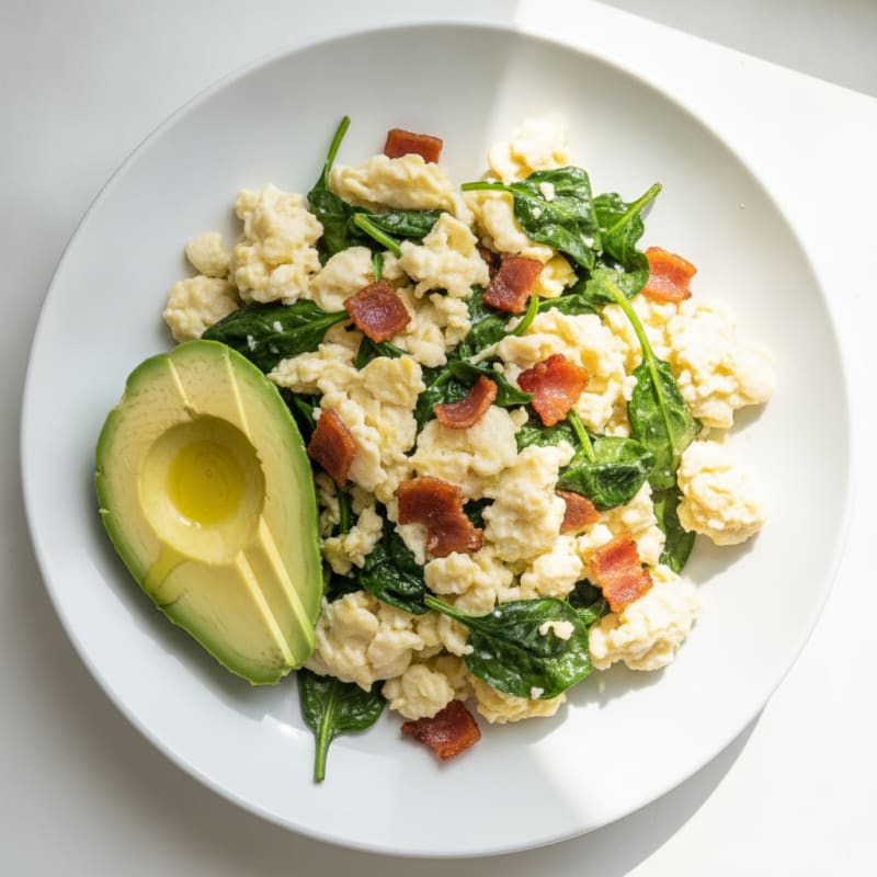 Crispy Turkey Bacon Egg White Scramble with Sautéed Spinach