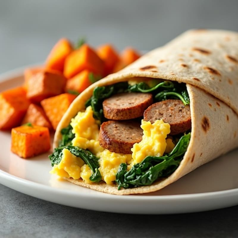 Lean Turkey Sausage and Scrambled Egg Burrito with Roasted Sweet Potatoes