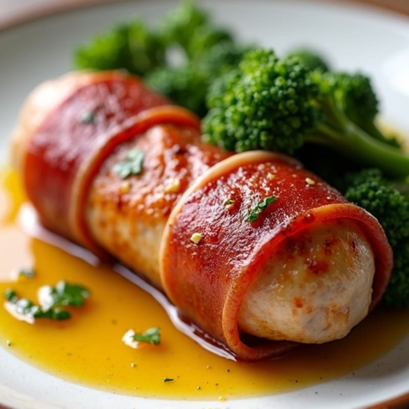 Crispy Prosciutto-Wrapped Chicken Sausage with Roasted Broccolini