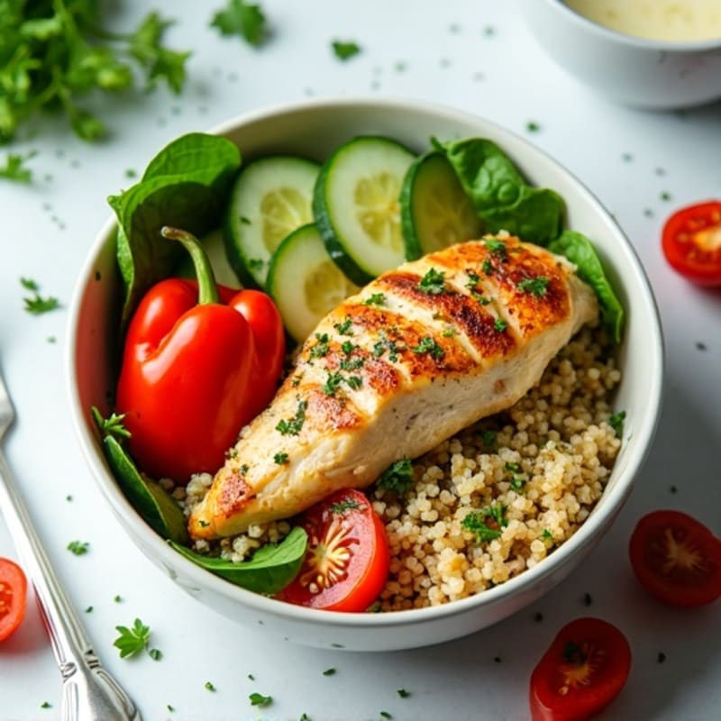 Herb-Marinated Chicken and Quinoa Bowl with Fresh Vegetables