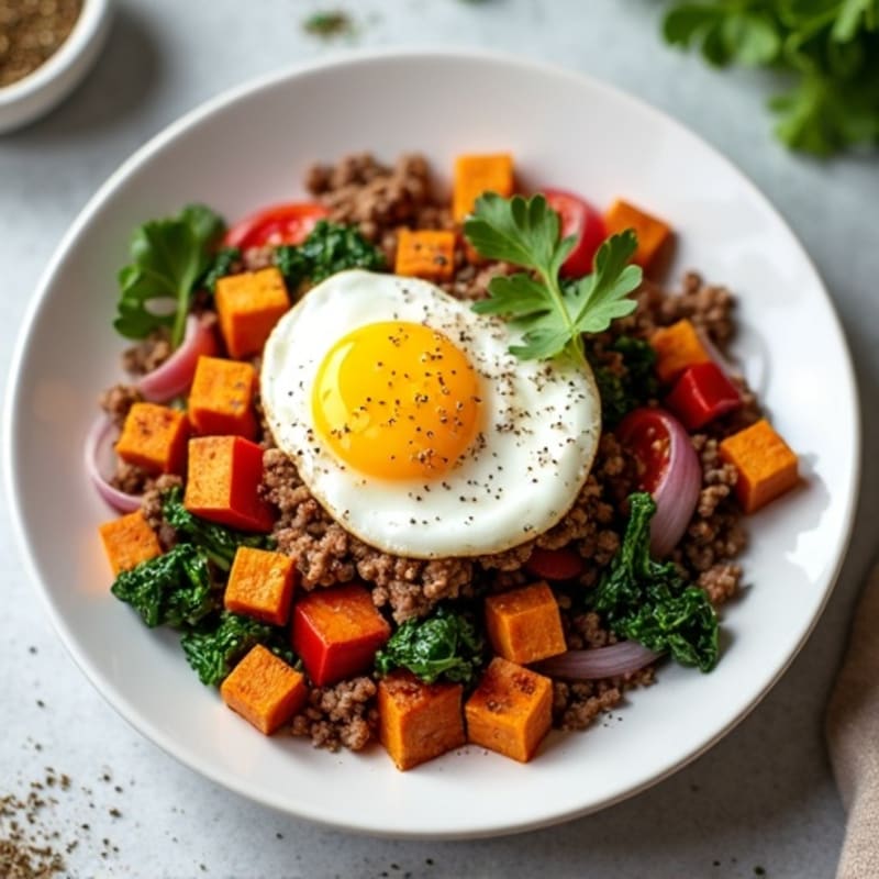 Lean Ground Beef and Crispy Sweet Potato Hash