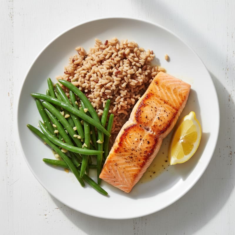 Seared Salmon with Garlic Green Beans and Brown Rice