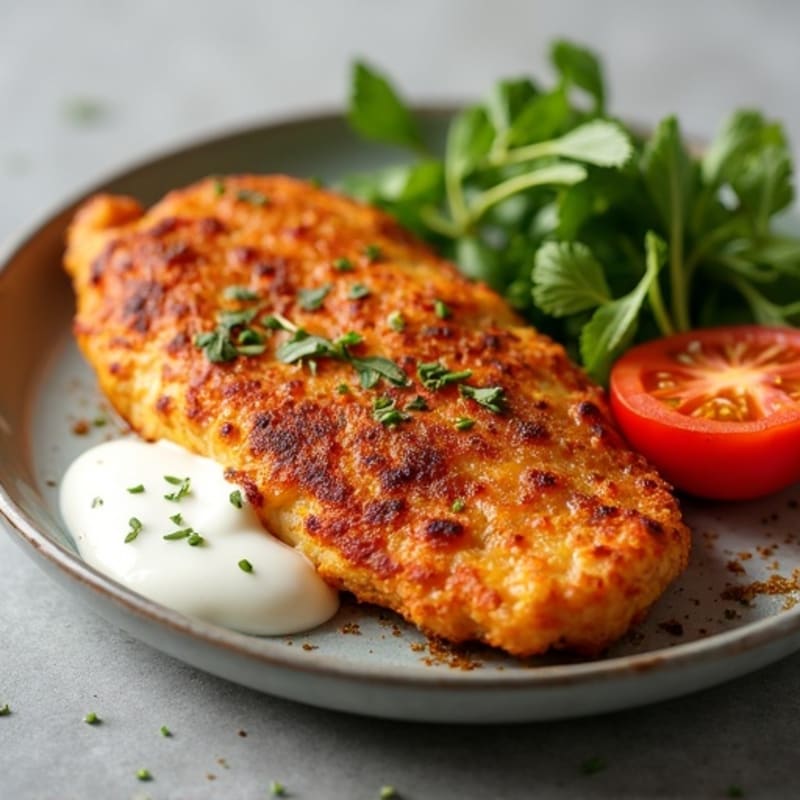 Crispy Spiced Chicken with Creamy Garlic Sauce and Fresh Tomato