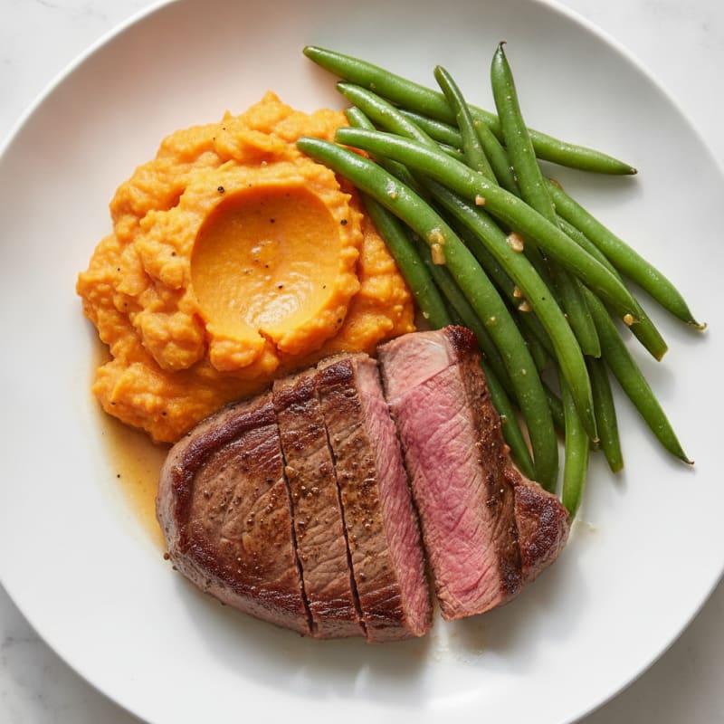 Seared Sirloin Steak with Steamed Green Beans and Sweet Potato Mash