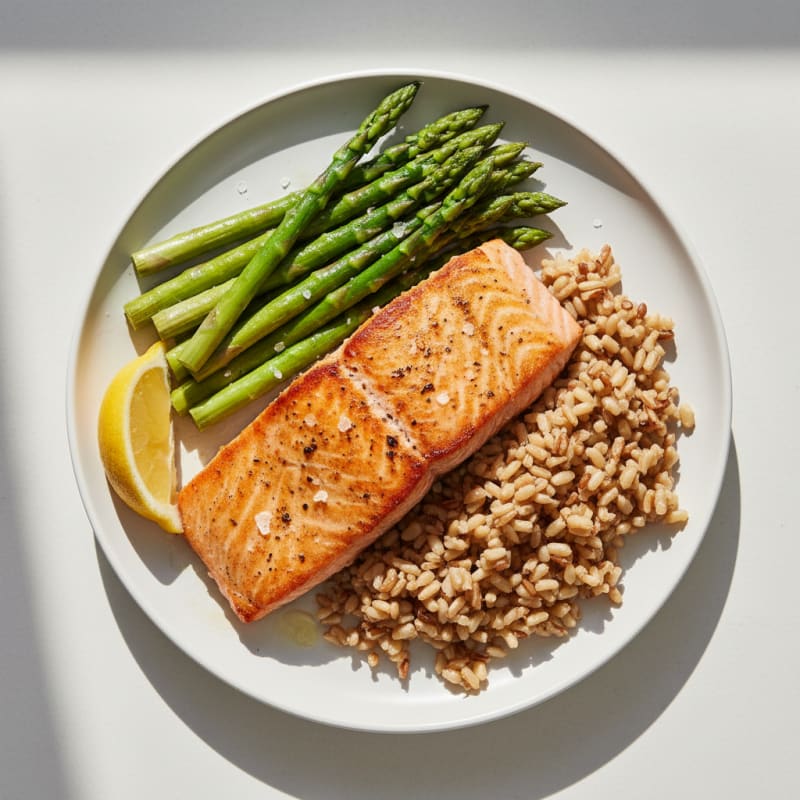 Seared Salmon with Steamed Asparagus and Brown Rice