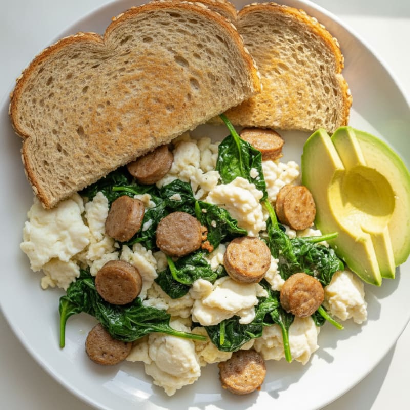 Egg White Scramble with Turkey Sausage and Sautéed Spinach