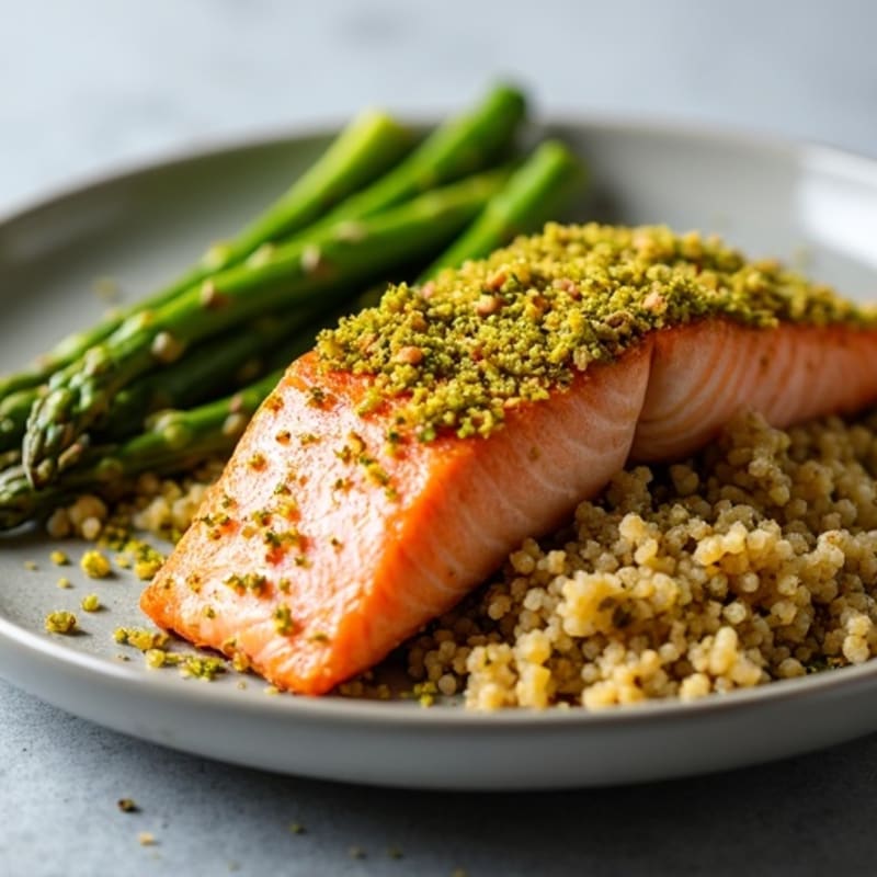 Pistachio-Crusted Salmon with Crispy Roasted Asparagus and Quinoa