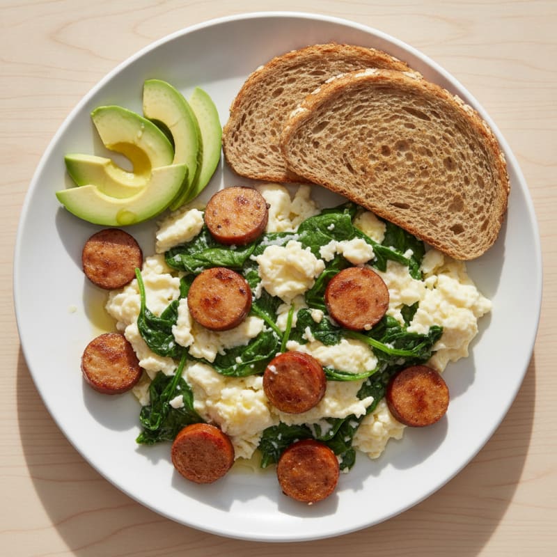 Egg White and Spinach Scramble with Turkey Sausage