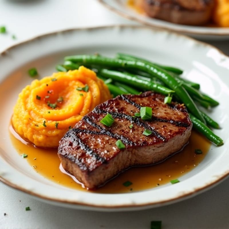 Seared Sirloin Steak with Garlic Green Beans and Sweet Potato Mash