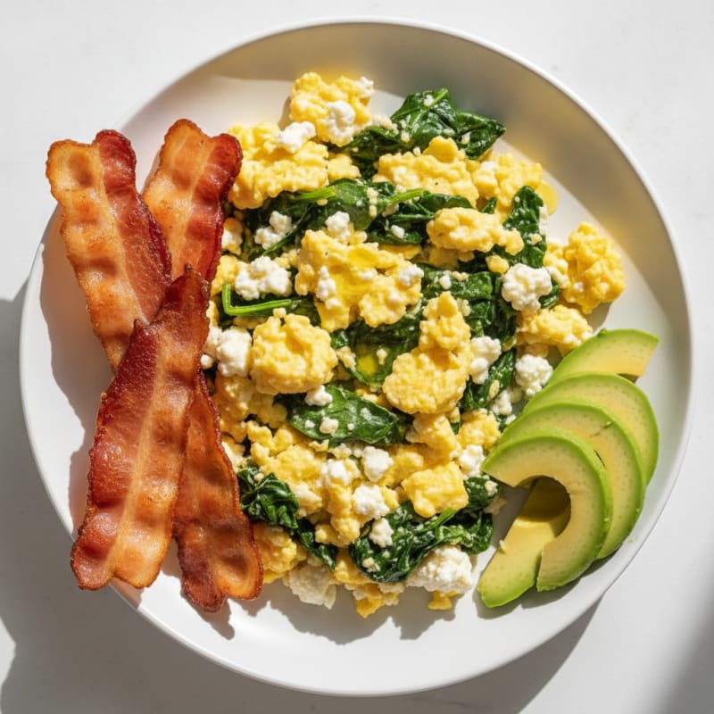 Cottage Cheese Egg Scramble with Spinach and Turkey Bacon