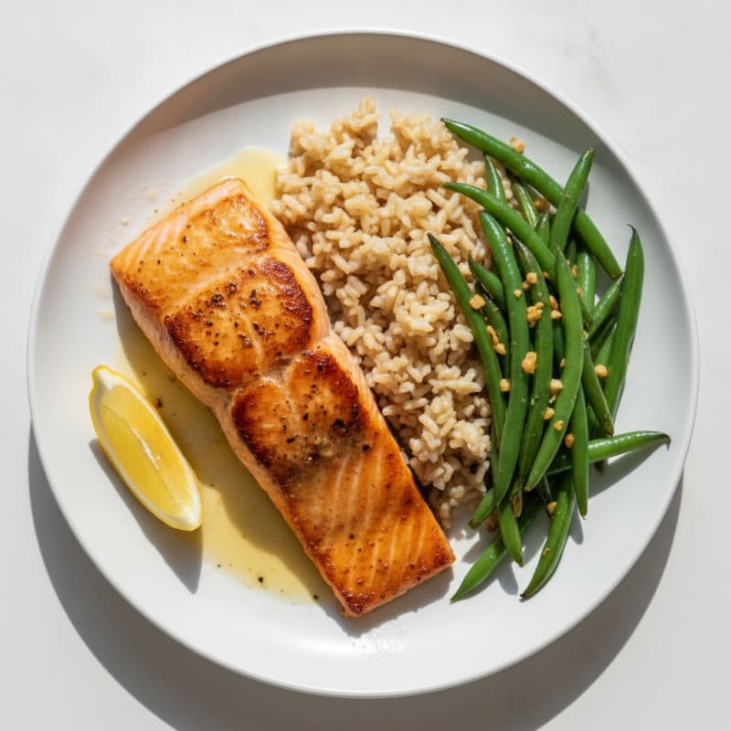 Seared Salmon Fillet with Garlic Green Beans and Brown Rice