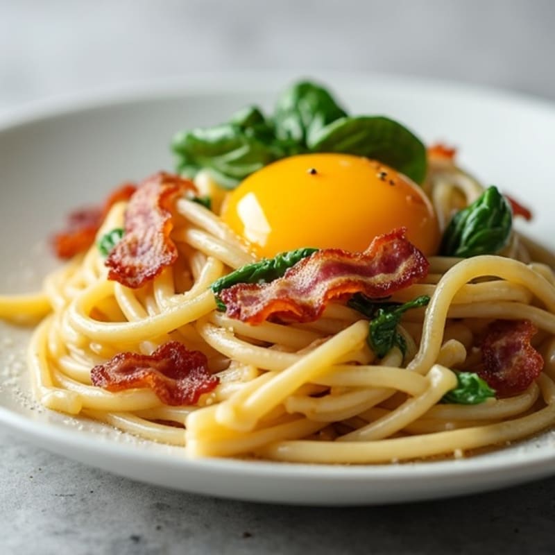Creamy Egg Yolk Pasta with Crispy Lean Bacon and Fresh Spinach
