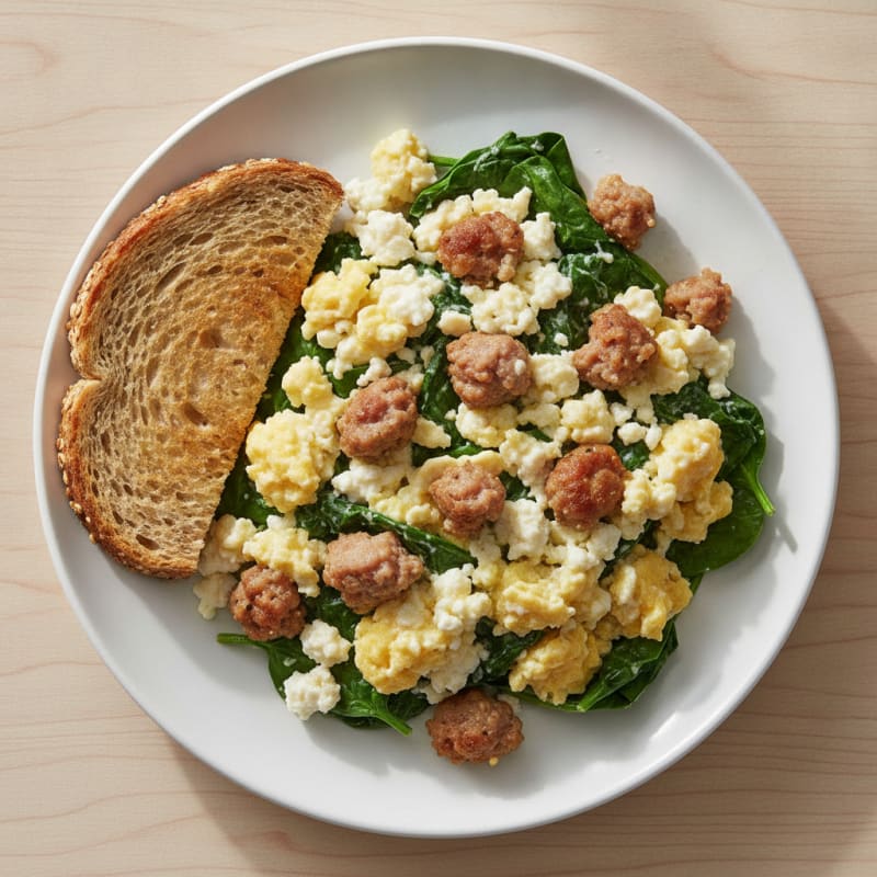 Cottage Cheese Scramble with Turkey Sausage and Spinach