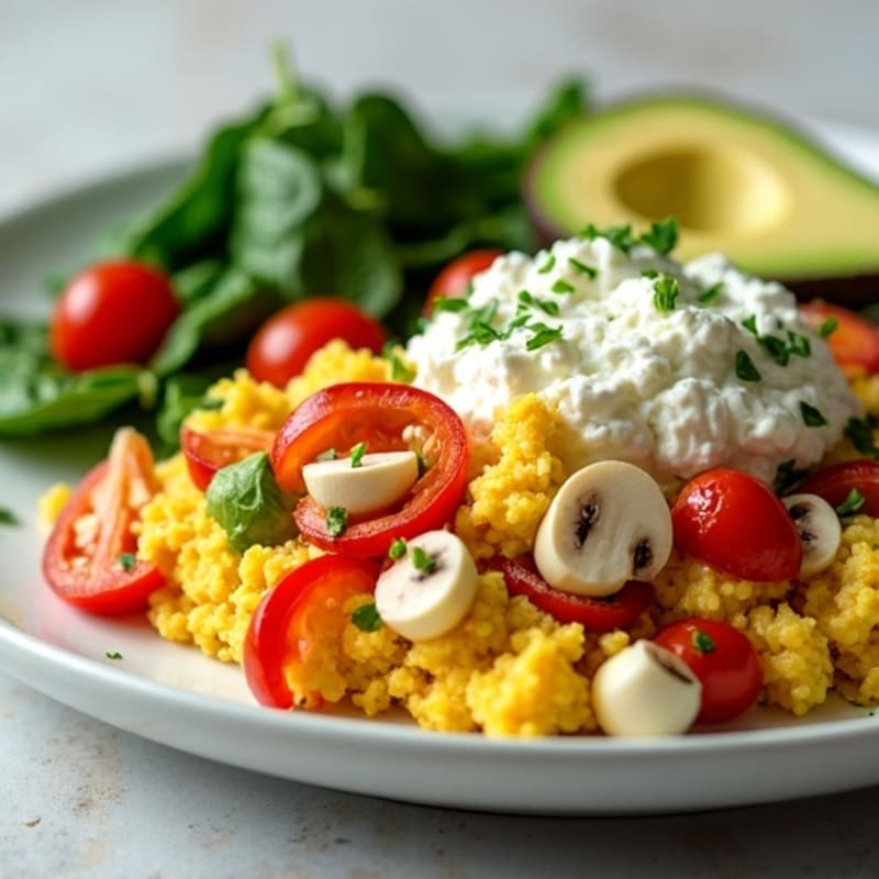 Egg White Veggie Scramble with Cottage Cheese and Sautéed Spinach