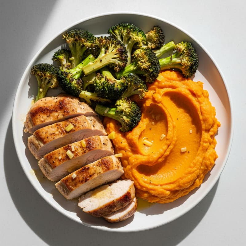 Seared Turkey Breast with Roasted Broccoli and Sweet Potato Mash