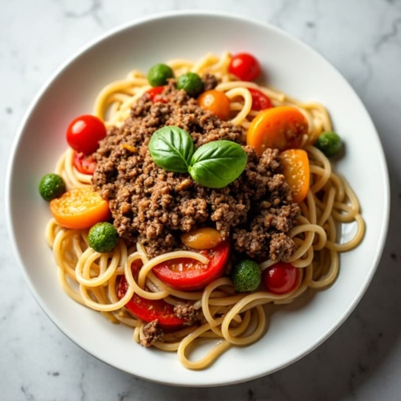 Whole Wheat Spaghetti with Lean Ground Beef and Roasted Vegetables