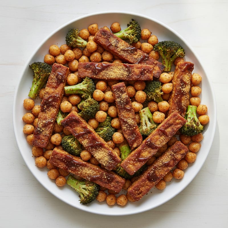 Charred Tempeh Strips with Roasted Chickpeas and Broccoli