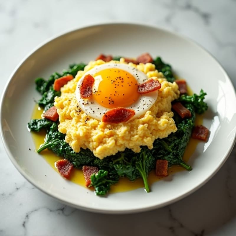 Cottage Cheese Egg White Scramble with Sautéed Spinach and Turkey Bacon