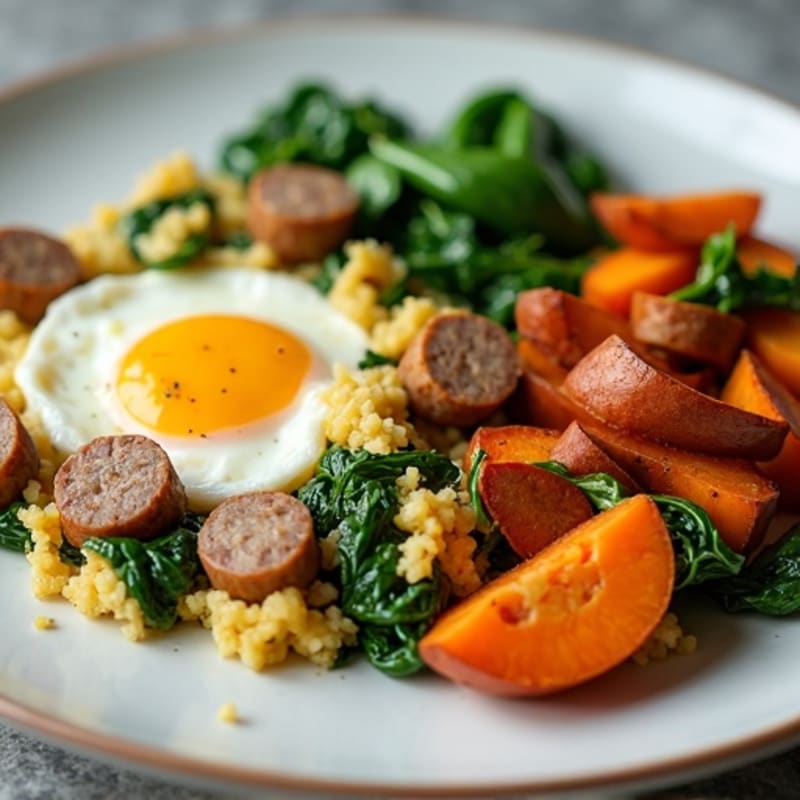 Egg White and Turkey Sausage Scramble with Spinach and Roasted Sweet Potatoes
