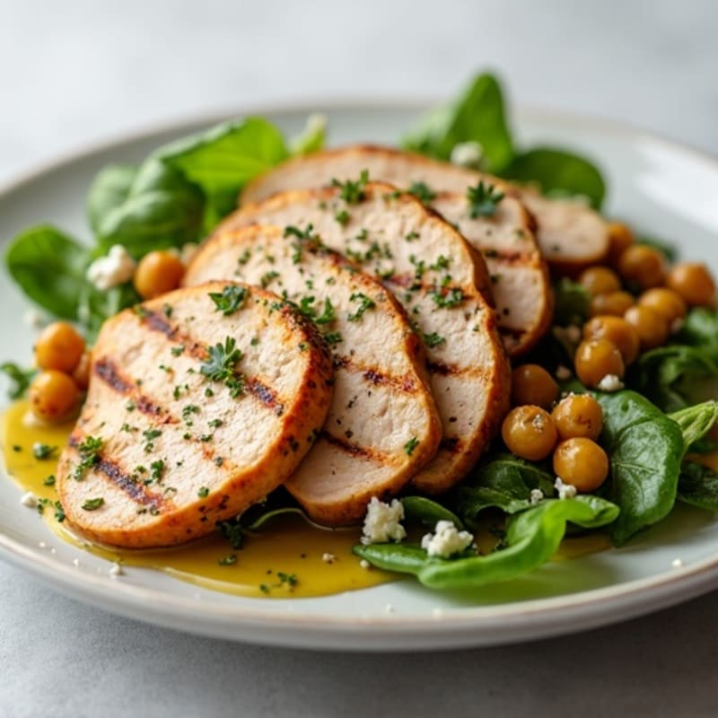 Grilled Turkey Breast Salad with Roasted Chickpeas and Mixed Greens