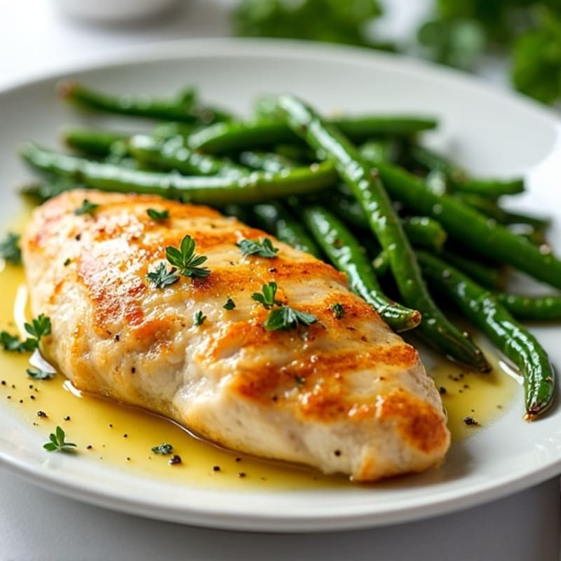 Lemon Garlic Pan-Seared Chicken Breast with Roasted Green Beans