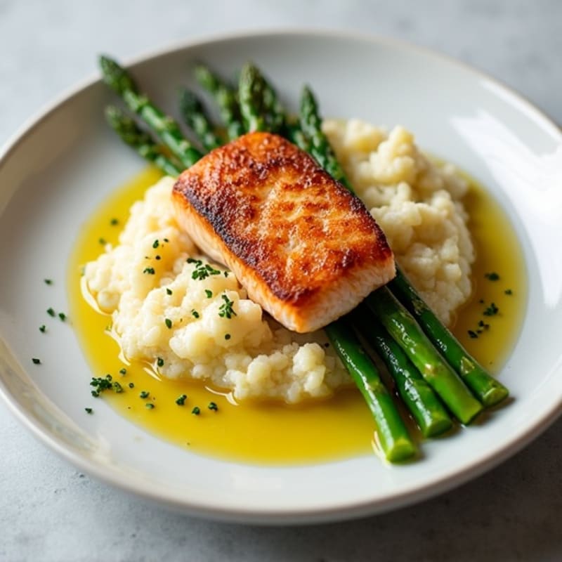 Seared Salmon with Steamed Asparagus and Cauliflower Mash